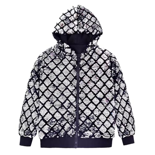 DUHENWU Glänzende Pailletten Bomberjacke Für Herren 70Er Disco Kostüm Fasching Oberteile Festlich Party Club Freizeitjacke Reißverschluss Langarm Glänzende Kapuzenjacke Glitzer Mantel von DUHENWU