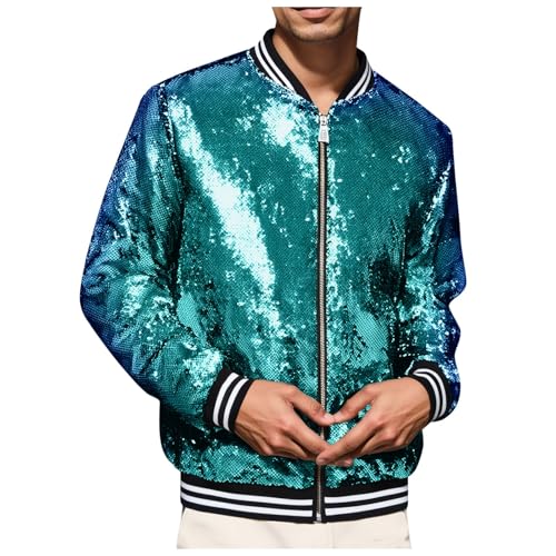 DUHENWU Glänzende Pailletten Bomberjacke Für Herren Gold Glitzer Shiny Sparkly Jacke 70Er Disco Nachtklub Party Kostüm Mode Casual Fasching Oberteil Mit Taschen Bikerjacke Übergangsjacke von DUHENWU