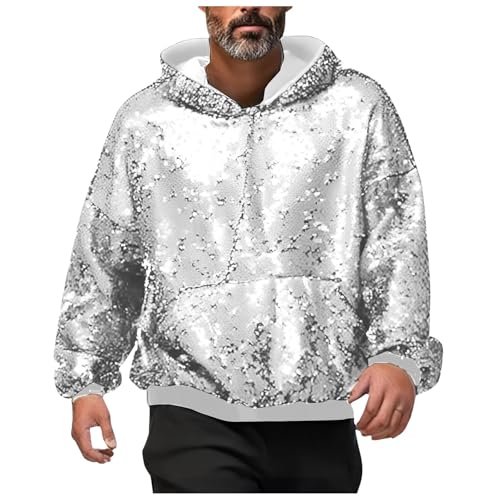 DUHENWU Glitzer Pailletten Hoodie Herren Langarm Glitzer Pullover Männer Disco Glänzend Oberteil Mit Kapuze Party 70Er 80Er Jahre Outfit Nightclub Karneval Kostüm Bequeme Winter Sweatshirt von DUHENWU