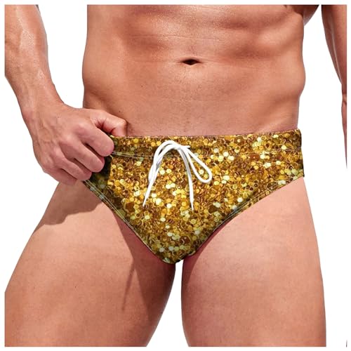 DUHENWU Gold-Glitter Herren Badehose Trunk Atmungsaktiv Slips Low Rise Brief Bikini Beach Swim Shorts Bequeme Frühling Sommer Unterwäsche Weich Pailletten Aufdruck Badehose Badeslip von DUHENWU