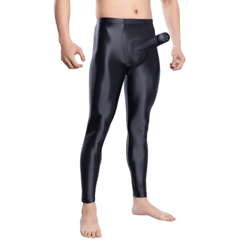 DUHENWU Herren Glänzend Öl Strumpfhosen Sport Leggings Mit Bulge Pouch Übergröße Lang Pantyhose Tights Kompressionshose Offene Schritt Unterwäsche Hohe Taille Lange Unterhosen Clubwear von DUHENWU