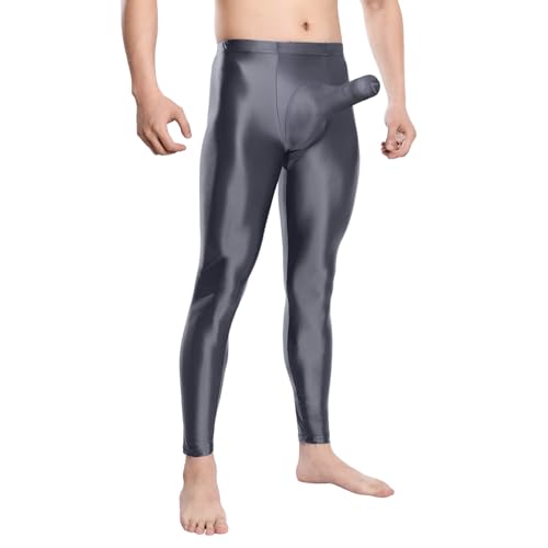 DUHENWU Herren Glänzend Öl Strumpfhosen Sport Leggings Mit Bulge Pouch Übergröße Lang Pantyhose Tights Kompressionshose Offene Schritt Unterwäsche Hohe Taille Lange Unterhosen Clubwear von DUHENWU