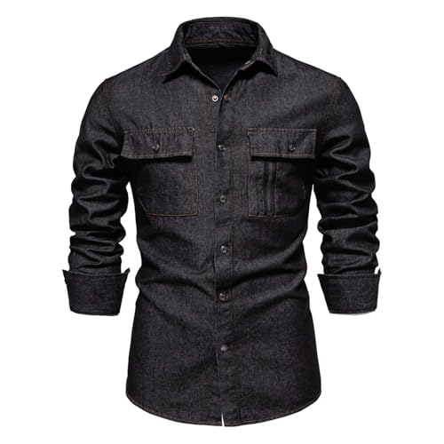 DUHENWU Herren Jeanshemd Langarm Casual Jeanshirt Mit Zwei Taschen Und Druckknöpfen Arbeitshemd Revers Herbsthemd Regular Fit Langarmhemd Slim Fit Freizeitshirt Einfache Oberteil Westernhemd von DUHENWU