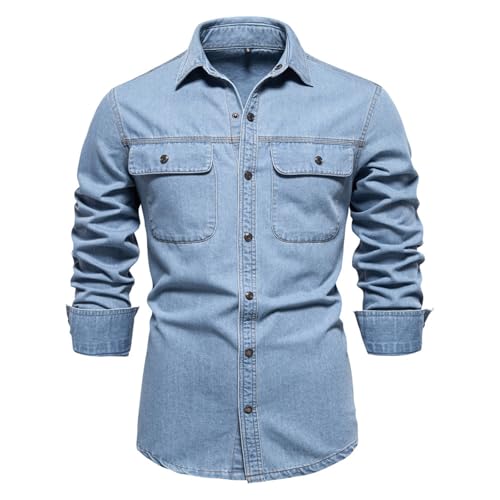 DUHENWU Herren Jeanshemd Regular Fit Denim Shirt Langärmliges Freizeithemd Zwei Taschen Und Druckknöpfen Herrenhemd Basic Revers Arbeitshemd Casual Langarm Cowboy Hemden Für Männer von DUHENWU