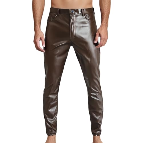 DUHENWU Herren Kunstleder Hosen Slim Fit Lange Hose Stretch Enge Lederhosen Mit Reißverschluss Mode Freizeithose Gerade Hosen Motorrad Leder Hose Für Nachtclub Bühnenshow Kostüm Cosplay von DUHENWU