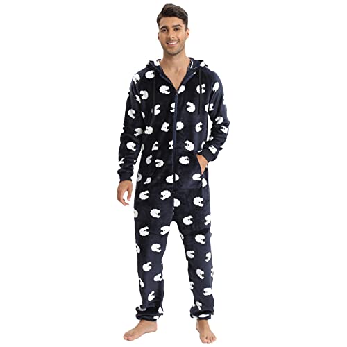 DUHENWU Herren Overall Jumpsuit One Piece Anzug Bequeme Weich Einteiler Schlafanzug Relaxed Fit Kapuzen Onesie Jumpsuit Männer Bedrucktes Zweifarbig Ganzkörperanzug Herbst Winter Loungewear von DUHENWU