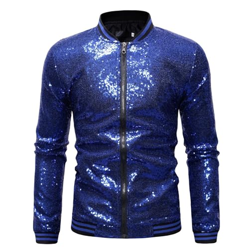 DUHENWU Herren Pailletten Bomberjacken 70Er Langarm Disco Party Kostüm Glänzend Metallic Oberteil Karneval Kostüm Für Mottoparty Nachtclub Fasching Blousonjacke Regular Fit Bequeme Sportjacke von DUHENWU