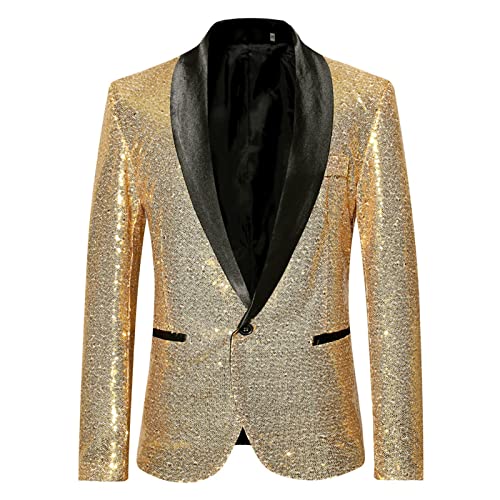 DUHENWU Herren Pailletten Sakko Gold Glitzer Blazer Slim Fit Hochzeit Mantel Langarm Hippie Kleid Anzugsakko Disco Vintage Herrenjacke Freizeit EIN-Knopf Glitter Anzug Jacke Karneval Kostüm von DUHENWU