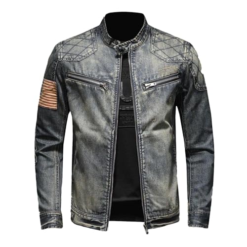 DUHENWU Jeansjacke Herren Mit Reißverschluss Denim Bomberjacke Stehkragen Slim Fit Jeansmantel Biker Style Jeans Jacket Klassisch Cowboy Motorradjacke Vintage Freizeitjacke Mit Brusttasche von DUHENWU