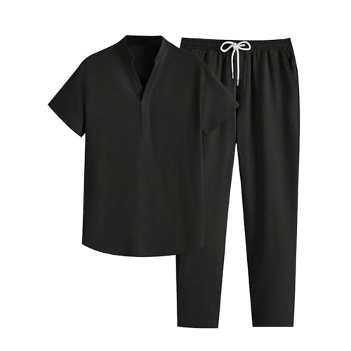 DUHENWU Jogginganzug Herren Zweiteiler Sommer Sportanzug Einfarbig Bequeme Freizeitanzug Kurzarm Button-Up Stehkragen Hemd Und Strand Hose Trainingsanzüge Weich Relaxed Fit Hausanzug von DUHENWU