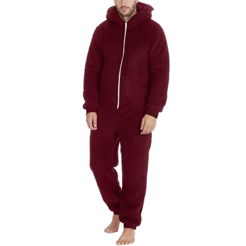 DUHENWU Jumpsuit Herren Kuschelig Warm Mit Kapuze Pyjama Schwarz Einteiler Schlafanzug Fleece Warme Strampelanzug Winter Plüsch Hausanzug Mit Reißverschluss Männer Relaxed Fit Nachtwäsche von DUHENWU