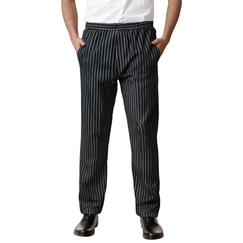 DUHENWU Koch Hosen Herren Elastischer Bund Arbeitshosen Straight Fit Kochhose Gestreift Bäckerhose Sommer Freizeithose Casual Chef Arbeitskleidung Männer Locker Atmungsaktiv Sommerhose von DUHENWU
