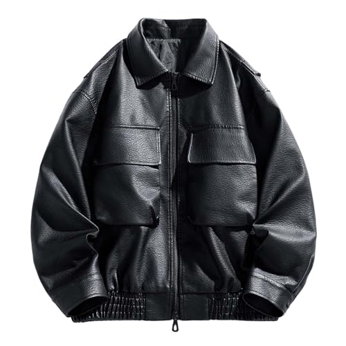 DUHENWU Kunstleder Jacke Herren Lederjacke Oversized Motorrad Bomberjacke Biker Stil Freizeitkleidung Männer Umlegekragen Mantel Frühling Herbst Teenager Streetwear Outdoor Winddichte Jacket von DUHENWU