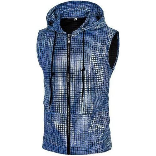 DUHENWU Metallic Pailletten Kapuzenweste Herren Reißverschluss Ärmellose Tshirt 70Er Jahre Disco Kostüm Glänzend Bronzing Muskelshirts Regular Fit Hoodie Disco Kostüm Glitzerweste von DUHENWU