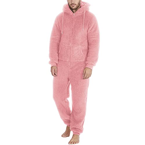 DUHENWU Overall Herren Winter Warm Jumpsuit Flauschig Schlafanzug Teddy Fleece Einteiler Onesie Kuschelig Weich Ganzkörperanzug Lang Einfarbig Hausanzug Mit Kapuze Plüsch Trainingsanzug von DUHENWU