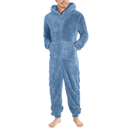 DUHENWU Overall Herren Winter Warm Jumpsuit Flauschig Schlafanzug Teddy Fleece Einteiler Onesie Kuschelig Weich Ganzkörperanzug Lang Einfarbig Hausanzug Mit Kapuze Plüsch Trainingsanzug von DUHENWU