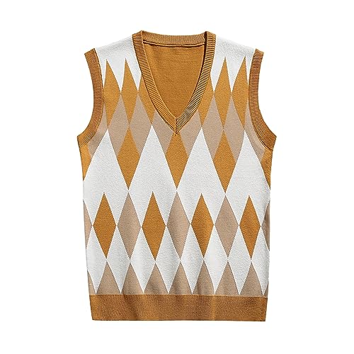 DUHENWU Pullunder Herren Strick V Ausschnitt Kariert Weste Ärmellos Kurz Tank Top Bequeme Slim Fit Strickweste Für Männer Herbst Winter Warmes Oberteil Retro Tops Teenager Streetwear von DUHENWU
