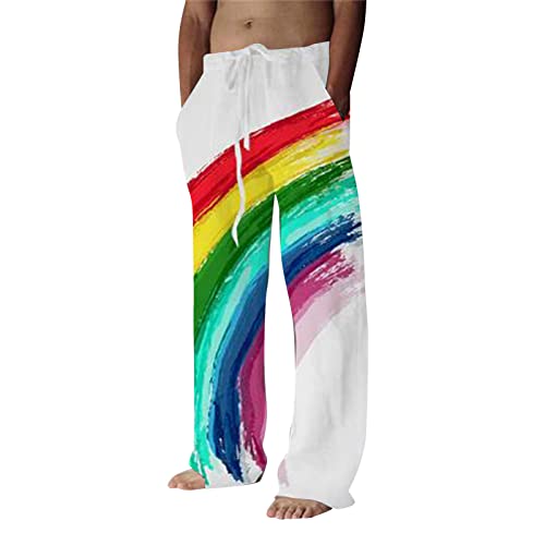 DUHENWU Regenbogen Hose Herren Baggy Freizeithose Atmungsaktiv Strandhose 3D-Druck Jogginghose mit Kordelzug Gay Pride Rainbow Flag Sporthose Hawaii Urlaubshose Leicht Lang Pyjama Hosen von DUHENWU