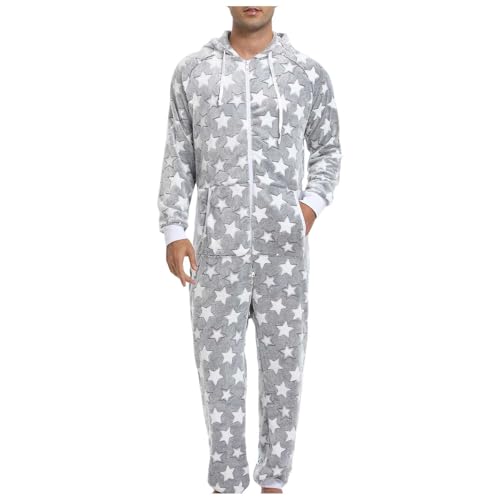 DUHENWU Schlafanzug Herren Fleece Sterne Jumpsuit Langärmeligem Warmem Pyjama Mit Taschen Bequeme Nightwear Mit Reißverschluss Flauschig Lang Schlafoverall Mit Kapuze Warmer Loungewear von DUHENWU