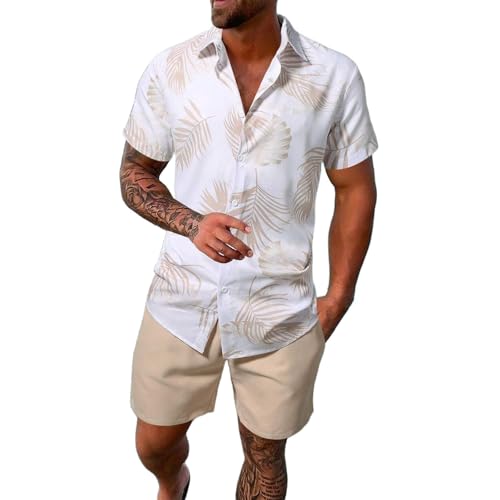 DUHENWU Sommer Outfit Herren 2 Teiliges Trainingsanzug Loose Fit Jogginganzug Hawaii Kleidung Y2K Hip Hop Kurzarm Hemd Und Kurz Hose Tracksuit Sportanzug Mit Palmen Druck Fitness Anzug Männer von DUHENWU