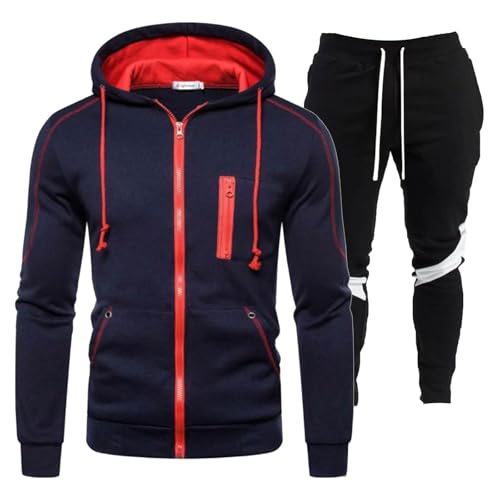 DUHENWU Sportanzug Herren 2 Teilig Fleece Jogginganzug Hoodie Und Hosen Loose Fit Sportanzug Reißverschluss Mit Kapuze Trainingsanzug Langarm Oversize Sportanzug Farbblock Warm Freizeitanzug von DUHENWU
