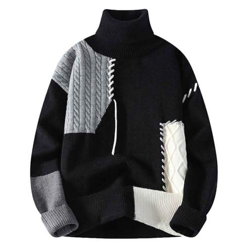 DUHENWU Strickpullover Herren Oversize Longsleeve Rollkragenpullover Feinstrick Colour Block Pulli Ohne Kapuze Männer Sweater Elastisch Arbeitspullover Winter Warm Sweatshirt Basic Pullover von DUHENWU