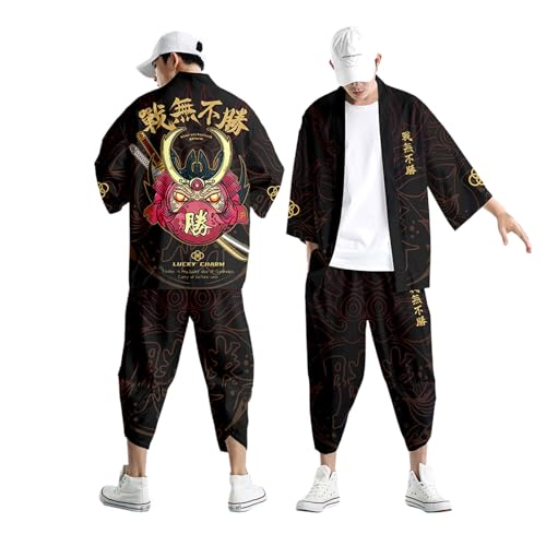 DUHENWU Traditionelles Kimono-Set Herren Japanisch Druck Lose Cardigan Und Freizeithose Sommeranzug Baggy Retro Samurai Kleidung Harajuku Sportanzug Frühling Sommer Activewear Tracksuit von DUHENWU
