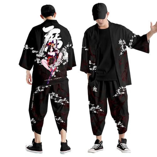 DUHENWU Traditionelles Kimono-Set Herren Japanisch Druck Lose Cardigan Und Freizeithose Sommeranzug Baggy Retro Samurai Kleidung Harajuku Sportanzug Frühling Sommer Activewear Tracksuit von DUHENWU