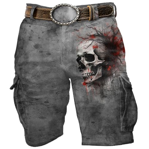 DUHENWU Vintage Totenkopf Cargo Shorts Herren Kurze Cargohose Retro Bedruckte Motiv Shorts Herren Beachshorts Badehose Schädel Totenkopf Swim Trunks Vielfarbig mit Mesh-Futter Strand von DUHENWU