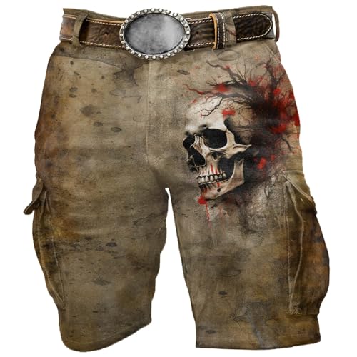 DUHENWU Vintage Totenkopf Cargo Shorts Herren Kurze Cargohose Retro Bedruckte Motiv Shorts Herren Beachshorts Badehose Schädel Totenkopf Swim Trunks Vielfarbig mit Mesh-Futter Strand von DUHENWU