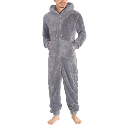 DUHENWU Warmer Fleece Overall Herren Kuschelig Jumpsuit Plüsch Schlafanzug Elegant Einteiler Onesie Langarm Einfarbig Pyjama Mit Reißverschluss Männer Flauschig Oversize Schlafoverall Mit Kapuze von DUHENWU