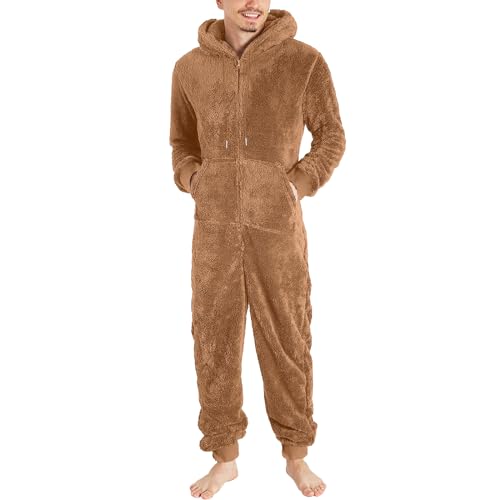 DUHENWU Warmer Fleece Overall Herren Kuschelig Jumpsuit Plüsch Schlafanzug Elegant Einteiler Onesie Langarm Einfarbig Pyjama Mit Reißverschluss Männer Flauschig Oversize Schlafoverall Mit Kapuze von DUHENWU