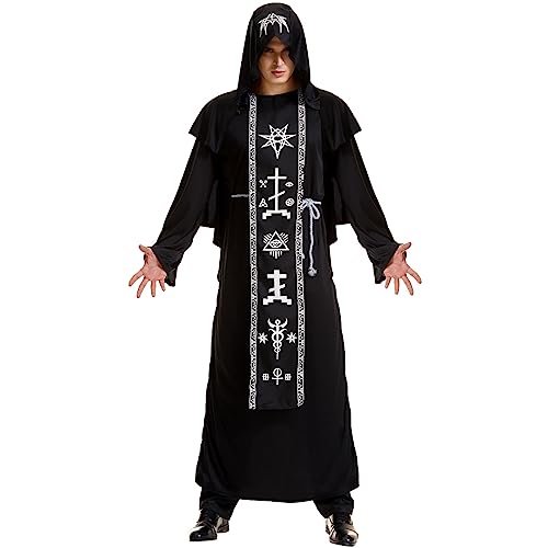 DUHENWU Zauberer Kostüm Herren Halloween Robe Magier Outfit Erwachsene Cosplay Party Outfit Mittelalterlicher Dunkler Mystischer Zauberer-Robe Vintage Renaissance Kleidung Mit Kapuze von DUHENWU
