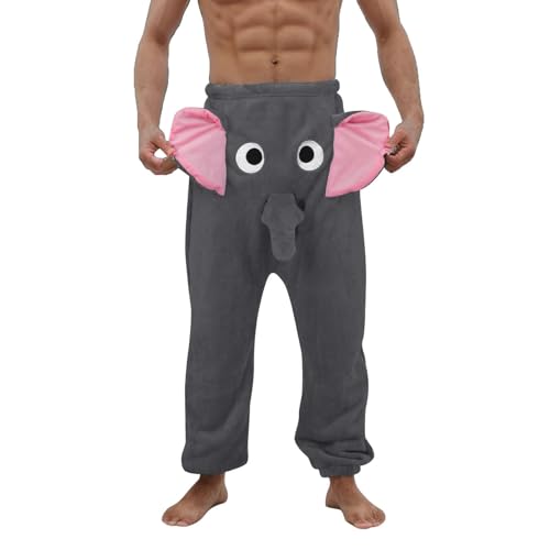 Elefanten Lustig Hose Herren Pyjama Flanell Pants Nachtwäsche Warme Freizeithose Thermohose mit Tiermotiv Elephant Pants mit Rüssel Nase und Ohren Winter Hosen Loose Fit Komisch von DUHENWU