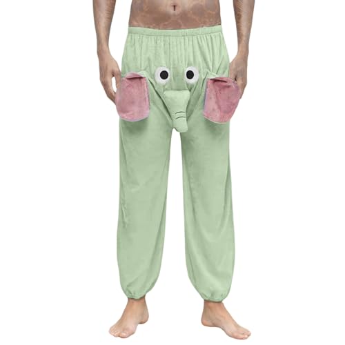 Elefanten Lustig Hose Herren Pyjama Flanell Pants Nachtwäsche Warme Freizeithose Thermohose mit Tiermotiv Elephant Pants mit Rüssel Nase und Ohren Winter Hosen Loose Fit Komisch von DUHENWU