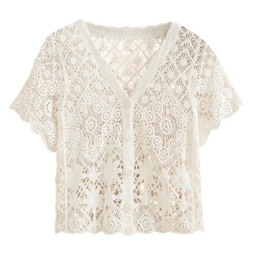 Häkelweste Damen Kurzarm Elegant Strickweste Festlich Strickjacke Cardigan Kurz Open Front Leichte Jäckchen Einfarbig Häkeltop Sommer Dünne Damenwesten Mit Knöpfen Stricktop von DUHENWU