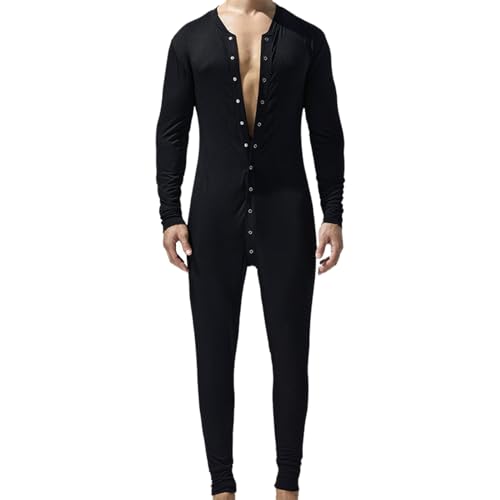Herren Overall Strampler Schlafanzug Einteiler Ganzkörperanzug Henley Jumpsuit Stretchy Thermo Unterwäsche Button Down Pyjamas Leichte Dünn Schlafoverall Fashion Einfarbig Nachthemd von DUHENWU