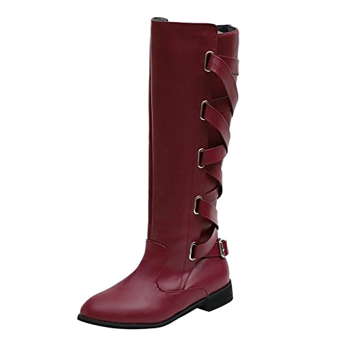 DUHGBNE Absatz Lange Kniehohe Lederschuhe Flache Wadenmitte Warm Für Damenstiefel Retro-Stiefel Stiefel Stiefel Damenstiefel Damen Größe 45 (Wine, 39) von DUHGBNE