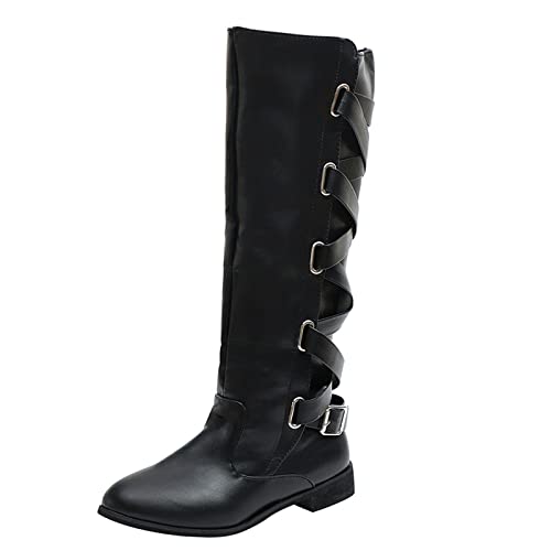 DUHGBNE Flacher Absatz kniehohe lange Wadenmitte Retro-Stiefel Stiefel Warme Stiefel Lederstiefel für Damenschuhe Damenstiefel Damen Lammfell Gefüttert (Black, 38) von DUHGBNE