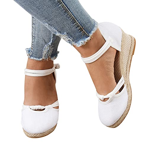 DUHGBNE Frauen Schnalle Leinen Sandalen Plattform Keilsandalen Mode Vielseitige geflochtene Schnalle Atmungsaktive Keilsandalen Damen Schuhe Sommer Sandaletten (White, 38) von DUHGBNE