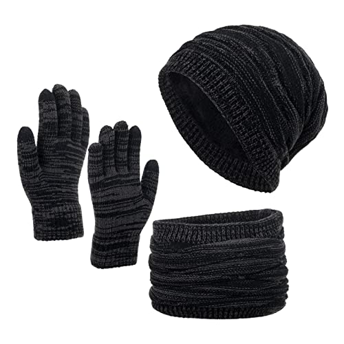 DUHGBNE Neutrale Damen Herren Herbst und Winter Einfarbig Wollmütze Verdickt Warmer Gehörschutz Kalt Strickmütze Handschuh Schal Dreiteiliges Set Haube Und Schal Set Damen (Black, One Size) von DUHGBNE