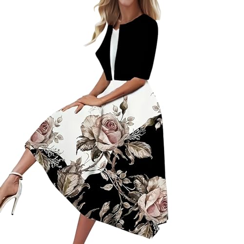 DUJEFF Kleider Damen,Abendkleid Damen Kurzarm Knielang Kleid V Ausschnitt Cocktailkleid Große Größen Blumenkleid Blumen Drucken Midikleid Spitzen Spleißkleid Sommer Casual Partykleid von DUJEFF