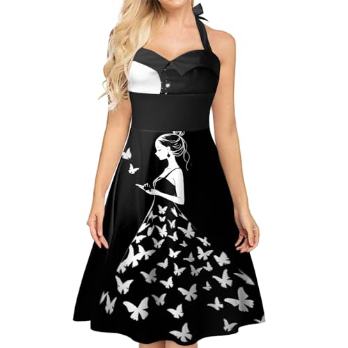 DUJEFF Ostern Kleider Damen, Damen Sommerkleid Sexy Neckholder Schulterfrei Kleider Osterhasen Kaninchen Drucken Rockabilly Kleid Vintage Festliche Cocktailkleid Minikleid Partykleid von DUJEFF