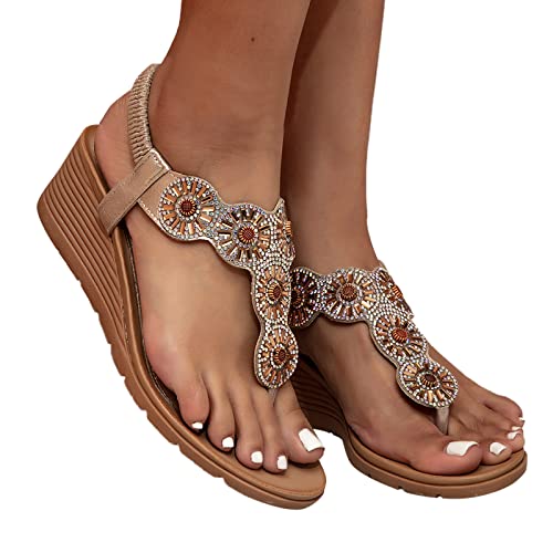 DUJEFF Sandalen Damen Sommer,Sandaletten Damen Flach Keilabsatz Rutschfest Sandale Bohemian Strass Schuhe Gummiband Slingback Sandaletten Zehentrenner Peep Toe Sommerschuhe Sommer Casual Strandschuhe von DUJEFF