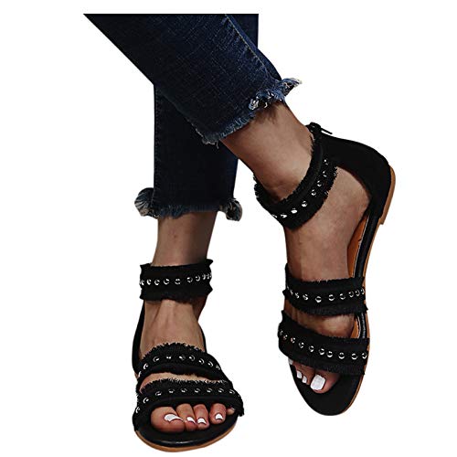 DUJEFF Sandalen Damen Sommer,Sandaletten Damen Flach Sandale Bohemian Schuhe Perlen Reißverschluss Sandaletten Peep Toe Sommerschuhe Casual Atmungsaktive Outdoorschuhe Strandschuhe von DUJEFF