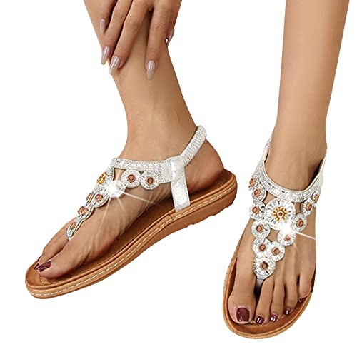 DUJEFF Sandalen Damen Sommer,Sandaletten Damen Flach Sandale Bohemian Schuhe Strass Blumen Sandaletten Zehentrenner Peep Toe Sommerschuhe Sommer Casual Strandschuhe Outdoorschuhe Freizeitschuhe von DUJEFF