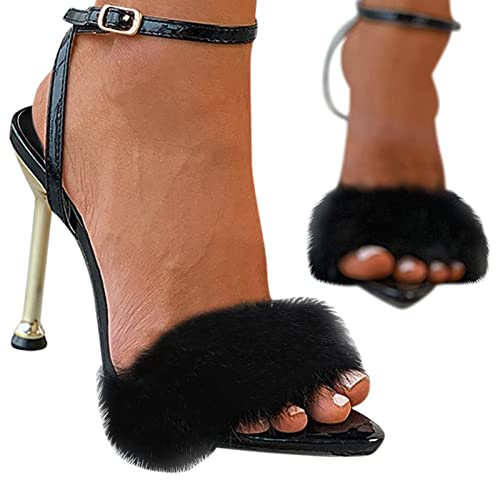 DUJEFF Sandalen Damen Sommer,Sandaletten Damen High Heel Stiletto Keilabsatz Sandale Plüsch Schuhe Knöchelriemen Riemchen Sandaletten Sommerschuhe Sommer Casual Abendschuhe Outdoorschuhe von DUJEFF