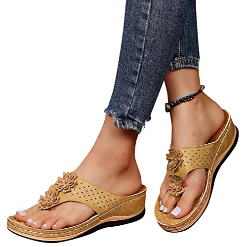 DUJEFF Sandalen Damen Sommer,Sandaletten Damen Plateau Keilabsatz Sandale Flip Flop Schuhe Bohemian Blumen Sandaletten Zehentrenner Peep Toe Sommerschuhe Sommer Casual Strandschuhe Freizeitschuhe von DUJEFF