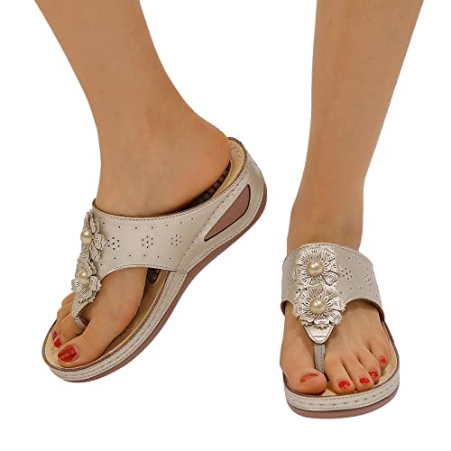 DUJEFF Sandalen Damen Sommer,Sandaletten Damen Plateau Keilabsatz Sandale Flip Flop Schuhe Bohemian Blumen Sandaletten Zehentrenner Peep Toe Sommerschuhe Sommer Casual Strandschuhe Freizeitschuhe von DUJEFF