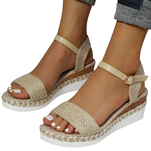 DUJEFF Sandalen Damen Sommer,Sandaletten Damen Plateau Keilabsatz Sandale Gewebte Schuhe Riemchen Schnalle Sandaletten Atmungsaktive Peep Toe Sommerschuhe Sommer Casual Strandschuhe Outdoorschuhe von DUJEFF